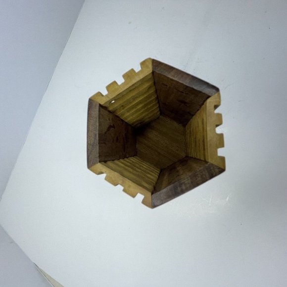 Vintage Wooden Hexagon‎ Small Figures Brass Bird Fish Birds Inlay Pencil Holder - Picture 4 of 5